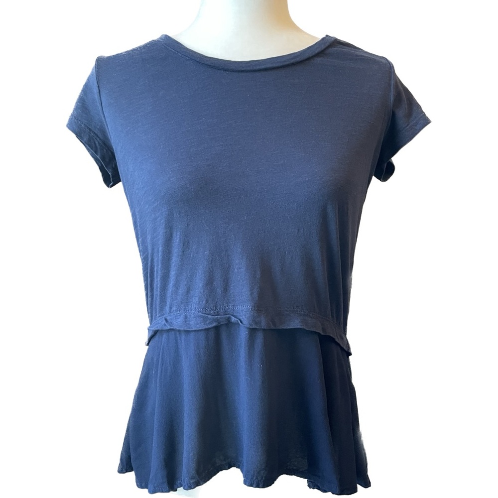 Women’s Style & Co Peplum Top Size PP Petite Navy Blue Mixed Media Short Sleeve